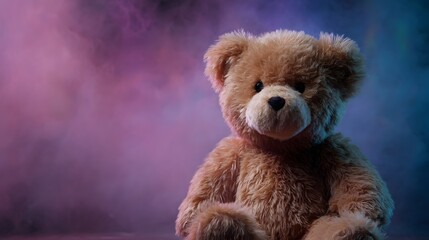 Cozy teddy bear against a vibrant rainbow backdrop