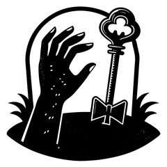 Zombie hand and key rising from the grave isolated on white background
