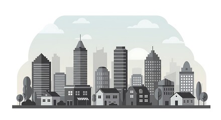 Fototapeta premium Minimalist monochrome cityscape concept. Flat vector illustration of an urban skyline with modern architectural buildings and downtown towers.