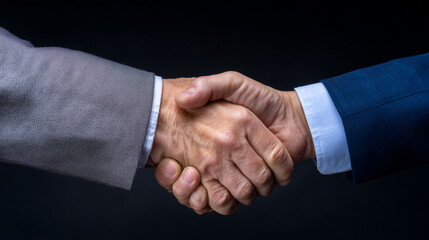 Close-up of a professional handshake with crisp suit sleeves, conveying trust and business partnership.