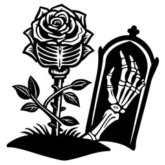 A skeleton hand reaching from a tombstone with a skeletal rose