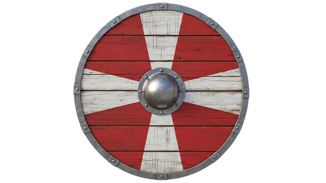 Viking shield red and white cross round wood metal medieval warrior defense battle protection historical art 1000 ad on transparent background