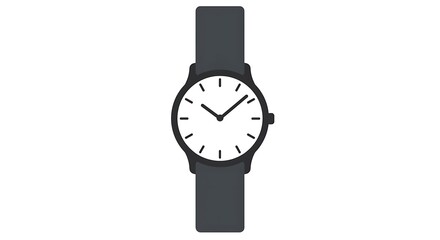 Minimalist black wristwatch illustration for time management and punctuality concepts. Simple modern analog watch isolated on white.
