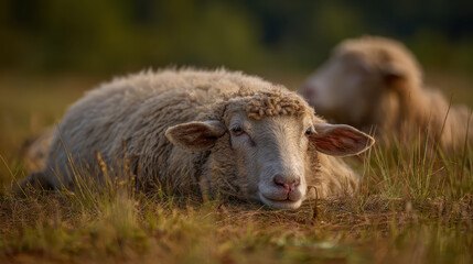Schafe liegen im Gras weiches Licht Tiefensch&auml;rfe