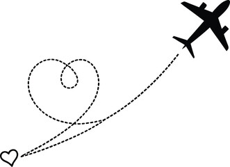 Airplane Flying from Love with Dotted Route Vector Illustration for Romantic Travel Destination or Valentines Day