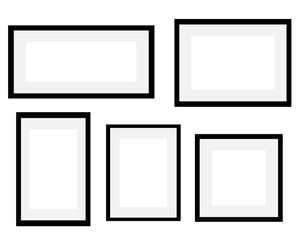 black and white photo picture frames blank border on transparent background with different size