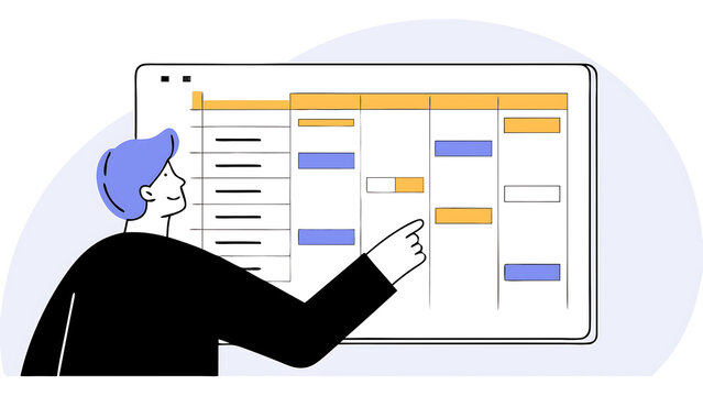 project manager working on laptop and updating tasks and milestones progress planning with gantt chart scheduling interface for company on virtual screen business project management system