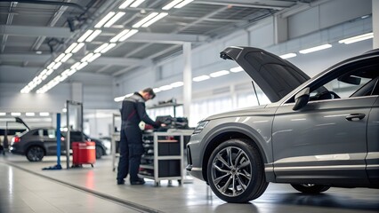 Modern SUV with Open Hood in a Professional Auto Service Center