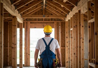 Fototapeta premium construction worker on construction site, Construction worker wearing hard hat, overalls observes interior building project. Man stands back to camera looking at window, wood framing, walls, renovatio