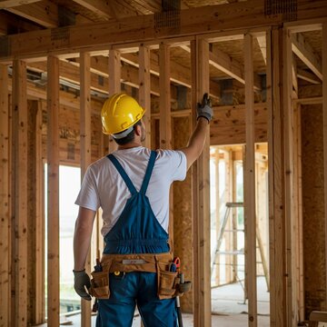 construction worker on a building site, Construction worker wearing hard hat, overalls observes interior building project. Man stands back to camera looking at window, wood framing, walls, renovation.