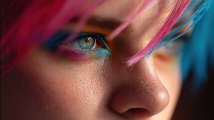 Creative Use of Vibrant Colors in Makeup Showcases a Close-Up of a Persons Expressive Features With Striking Pink and Blue Hair, Emphasizing Artistic Beauty