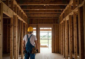 Fototapeta premium construction workers in warehouse, Construction worker wearing hard hat, overalls observes interior building project. Man stands back to camera looking at window, wood framing, walls, renovation. Prof