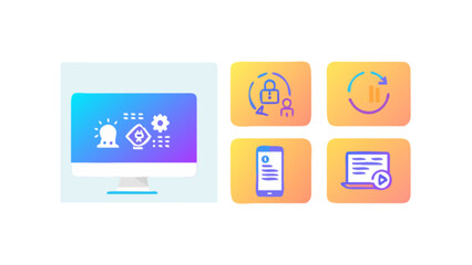 Business technology solutions for software development and data management on computer screen set of icons