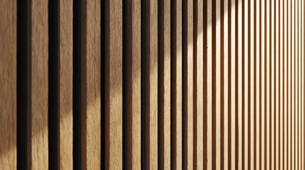 Abstract pattern of vertical wooden slats with natural light and shadow creating a modern architectural texture