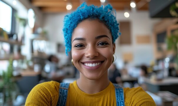 Inclusive selfie of a happy gay female employee with blue hair working in a diverse and accessible DEI workplace. Pride month business marketing inclusion concept. Black Business, Generative AI