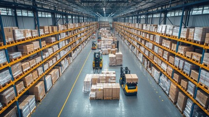 Large warehouse with forklift moving boxes
