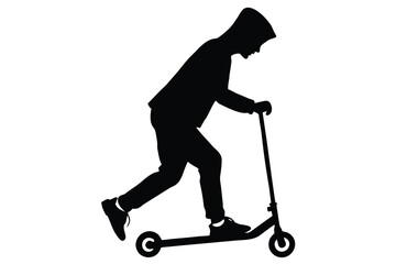 Obraz premium Silhouette of a Person Riding a Scooter with Hooded Jacket on a White Background