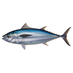 Fototapeta premium A vibrant blue and silver tuna fish, a popular seafood choice, captured in a dynamic side view, ideal for culinary or marine themes.