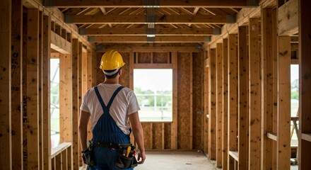 Fototapeta premium man in front of a wooden house, Construction worker wearing hard hat, overalls observes interior building project. Man stands back to camera looking at window, wood framing, walls, renovation. Profess