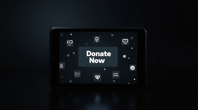 A tablet displaying a donate now button with icons representing charity, support, and online giving, symbolizing digital fundraising and community aid, set against a dark background