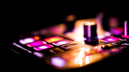 A close-up of glowing DJ equipment with vibrant lights in a dark, atmospheric club.