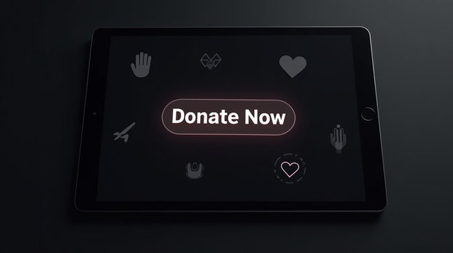 A modern tablet displaying a donate now button surrounded by charityrelated icons, symbolizing online giving and support for various causes in a digital age of philanthropy