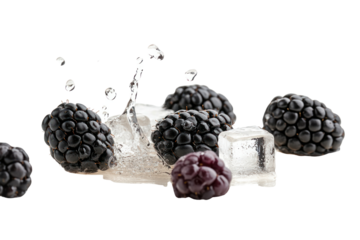 Blackberries with Icy Delight: A captivating visual featuring juicy blackberries and refreshing ice cubes, evoking a sense of cool refreshment and natural goodness.
