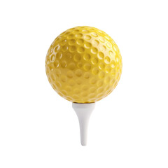 A vivid yellow golf ball with dimples rests on a white tee, ready for a swing. Ideal for sports, leisure, or golf related themes.