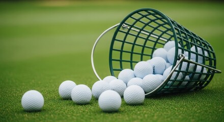 Bucket of golf balls spilled on the green grass of the golf course ready for a game of sport