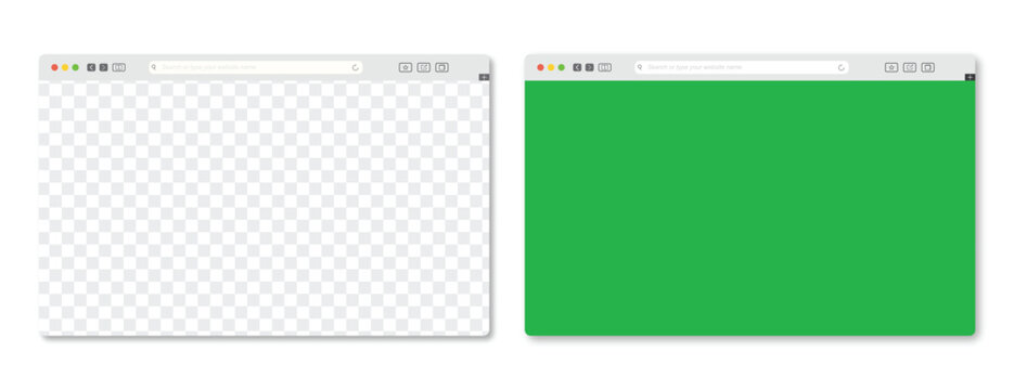 Web Browser Templates: Two minimalist web browser window templates, one transparent, the other green, stand side-by-side against a clear backdrop, ready for design or application