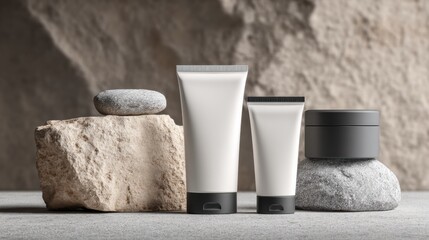 Naklejka premium Modern Dermatological Skincare Products Displayed on Natural Stone Background With Soft Focus and Muted Colors, Enhancing the Serene Atmosphere of the Setting