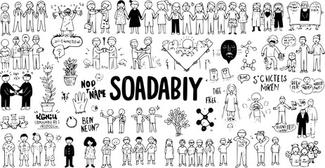 Whimsical Doodle Collection: A Chaotic Compilation of Hand-Drawn Characters and Abstract Concepts