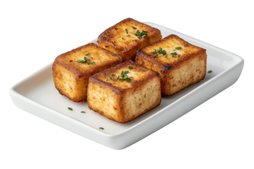 Crispy Tofu Cubes on a Plate: Delightful squares of golden-brown tofu, delicately arranged on a minimalist white plate. The tantalizing aroma and textured appearance ignite the senses.