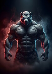 A powerful, muscular anthropomorphic bear-man emerging from smoky darkness, with rippling muscles, thick fur, and a fierce, determined expression.