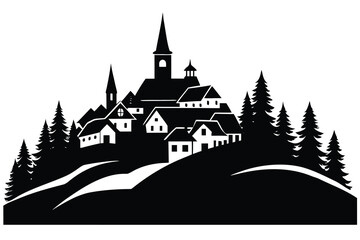 Obraz premium Silhouette Village with Church, Houses, and Pine Trees on Hill, Black and White