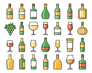 Collection of stylized wine bottles and drinking glasses featuring various designs and formats for beverage related projects isolated on transparent background