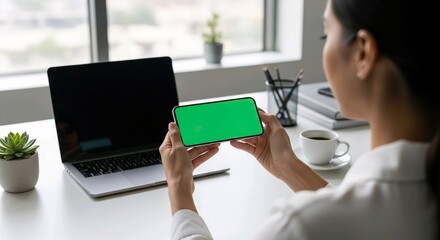 Woman holding green screen smartphone in modern office workspace