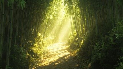 Fototapeta premium Sunlight streams through a dense bamboo forest, illuminating a path