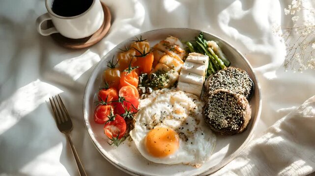 Ultra HD Nutritious breakfast video fried egg fresh greens and toasted bread video perfect breakfast plate video fried egg and fresh vegetables video healthy breakfast scenery video