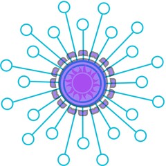 Abstract futuristic data network hub with central node and connected circular elements in vibrant blue and purple for blockchain, IoT, or digital technology background concept