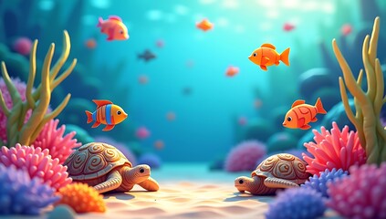 A vibrant low poly underwater coral reef with colorful fish, sea turtles, seaweed swaying, corals of various shapes, and a stylized ocean floor

