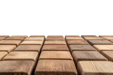 Wooden Blocks: A close-up, high-angle perspective of meticulously arranged wooden blocks. Each block showcases the natural grain and texture of the wood, offering a study in form and pattern.