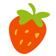 Flat vector of a red strawberry with green leaves and yellow seeds, perfect for summer fruit themes.