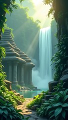 A mysterious low poly jungle with thick vegetation, cascading waterfall, hidden ancient temple ruins, polygon vines, and mystical fog

