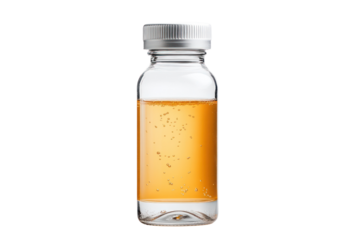 Transparent Vial: A clear glass vial filled with a light brown liquid, showcasing scientific precision and minimalist design, capturing the essence of pharmaceutical research.