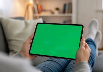 Person relaxing on couch holding tablet with green screen for mock up