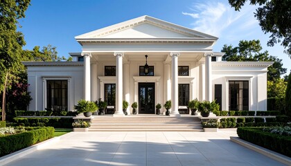 The elegant facade of a luxury neoclassical estate home with a grand columned entrance and pristine driveway