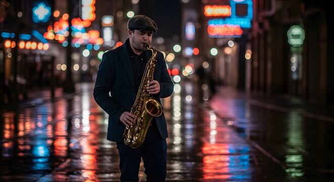 Saxophone Player on Wet City Street at Night with Neon Lights