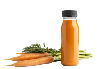 Carrot juice refreshment: A transparent bottle filled with vibrant carrot juice, accompanied by freshly harvested carrots with their green tops. A natural, healthy refreshment.