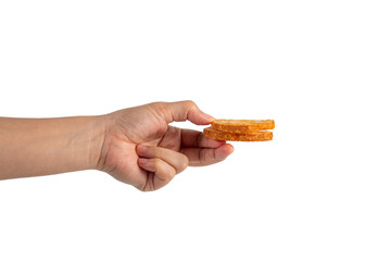 Heart shaped sugared crackers in hand on transparent background